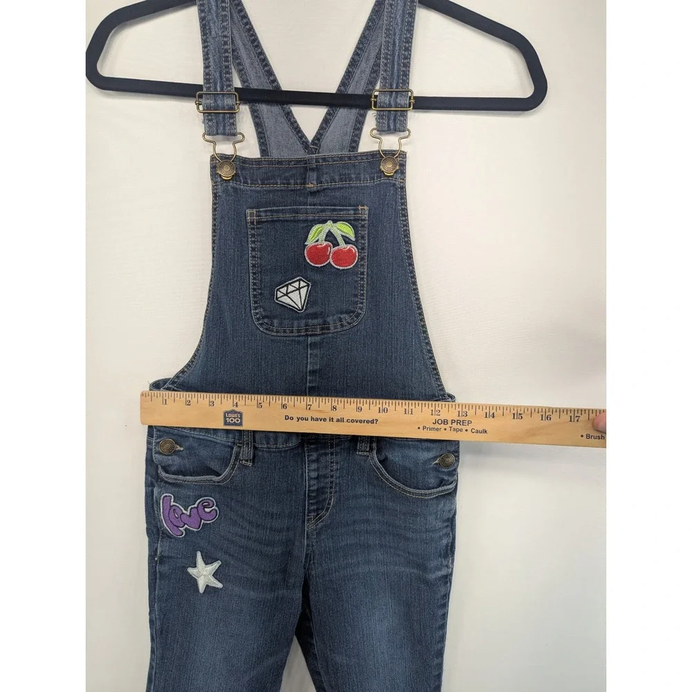 Justice Girls Dark Wash Patchwork Denim Overalls Size 14 Slim Leg Dungarees
